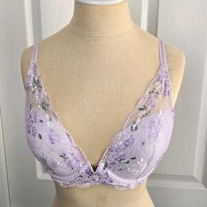 Victoria's Secret Purple Floral Lace Mesh Plunge Bra Size 32DDD‎ Wired